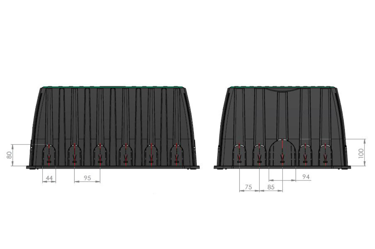 Ventilbox PSZ mit heraustrennbaren Öffnungen - Zeichnung Abmessungen der heraustrennbaren Öffnungen