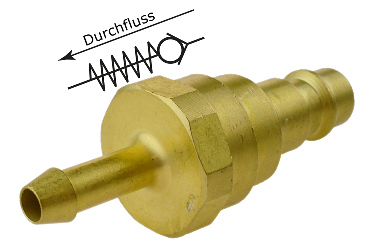 Druckluftstecknippel NW 7,2 mit Schlauchtülle und Rückschlagventil, Messing