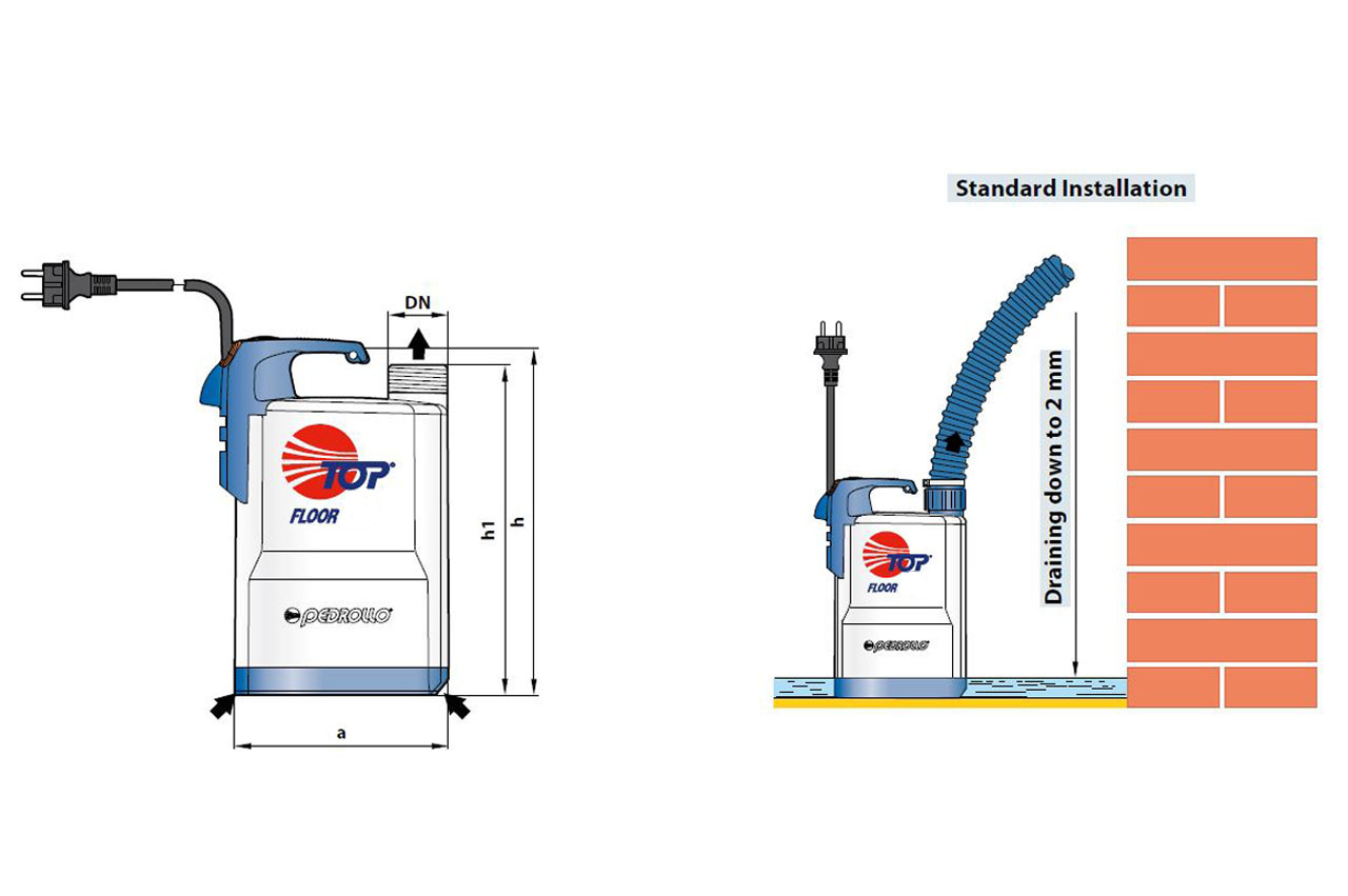 PEDROLLO Klarwasser Tauchmotorpumpe TOP-1-FLOOR - flachabsaugend - Abmessungen