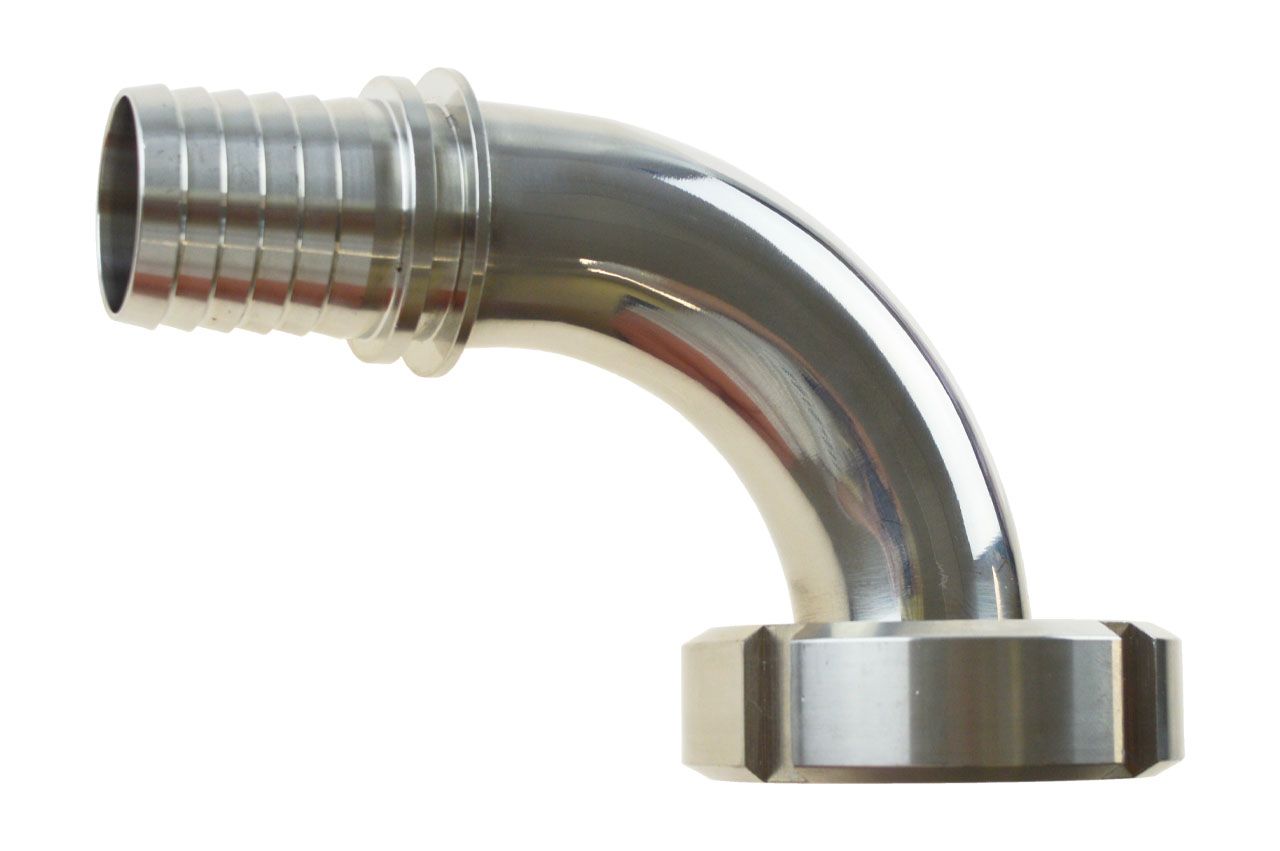 Schlauchkegelrillenstutzen 90° mit Sicherungsbund und Nutmutter, Edelstahl, DIN 11851
