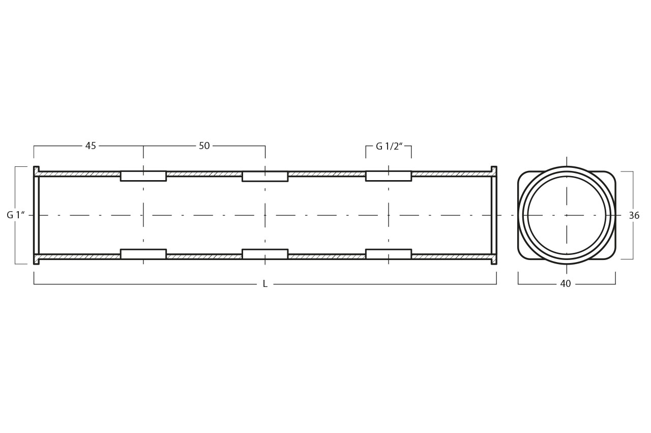 Verteilerleiste mit Innengewinde, doppelseitig, Edelstahl - Grafik