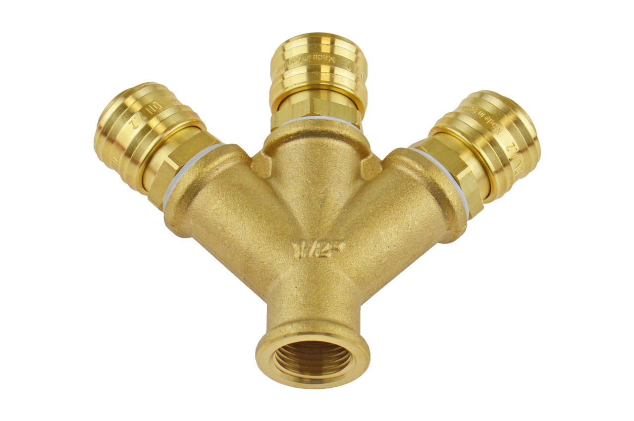 3-fach Luftweiche NW 7,2 mit Innengewinde und 3 Kupplungsdosen, Messing