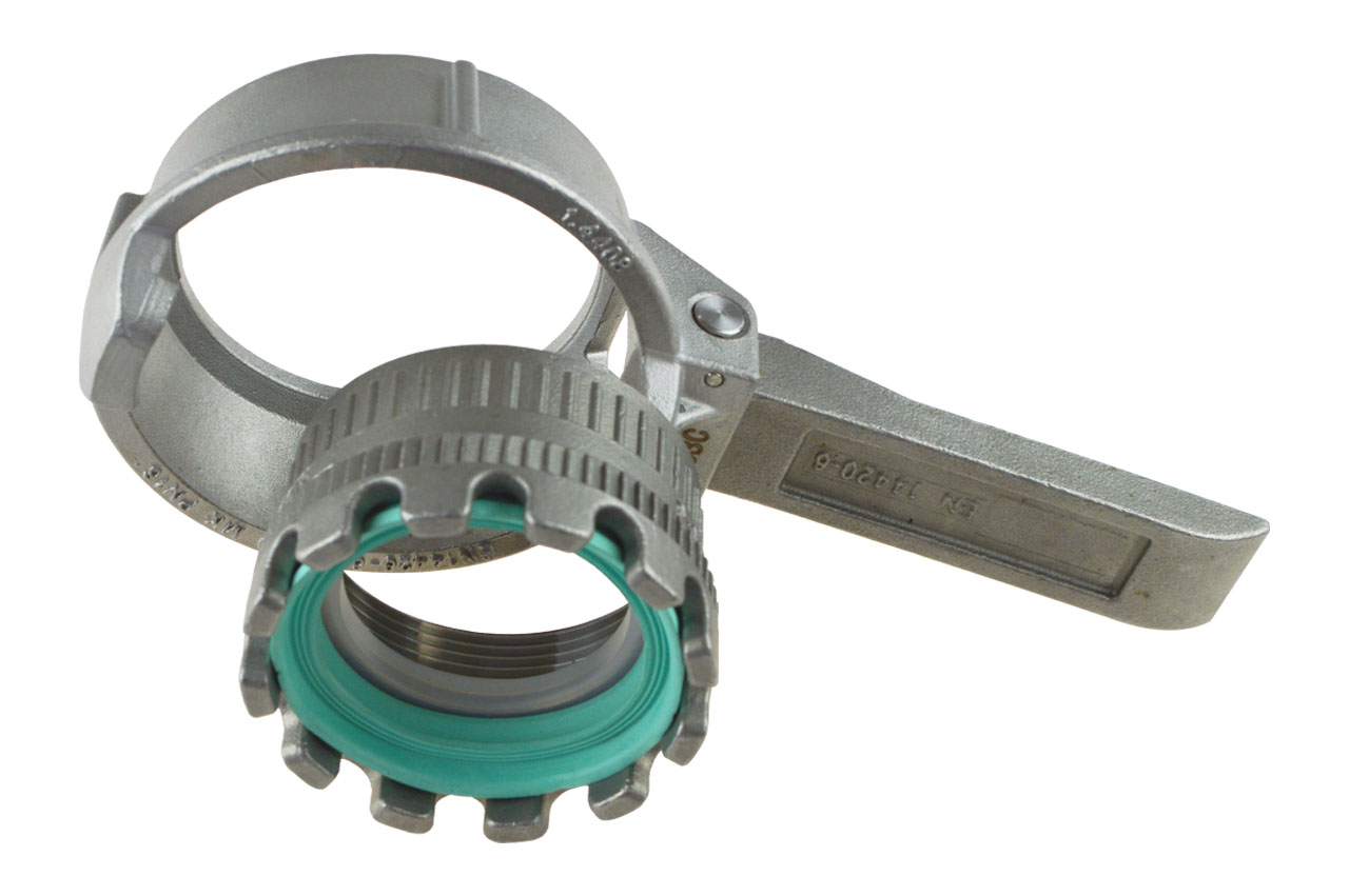 Tankwagenkupplung mit Innengewinde und Spannhebel Typ MK, Edelstahl PFA Innenbeschichtung, EN 14420-6