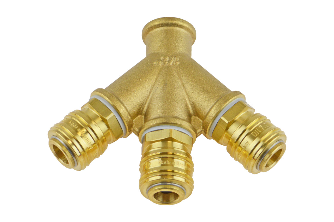 3-fach Luftweiche NW 7,2 mit Innengewinde und 3 Kupplungsdosen, Messing